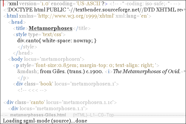 genotype text of Metamorphoses, in Emacs